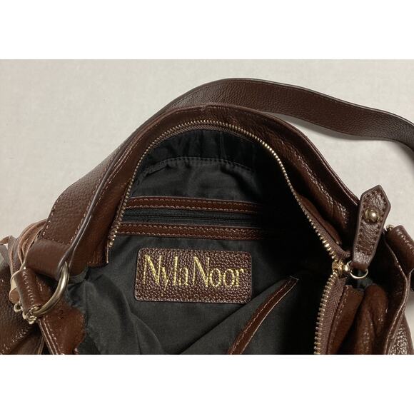 Womens Shoulder Bag Purse Nyla Noor Faux Pebbled Leather Patchwork Tassel Brown - Picture 6 of 13